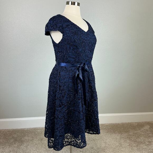 Alex Evenings Beaded Lace Belted Fit and Flare Midi Cocktail Dress Blue Size 14W - Picture 3 of 12